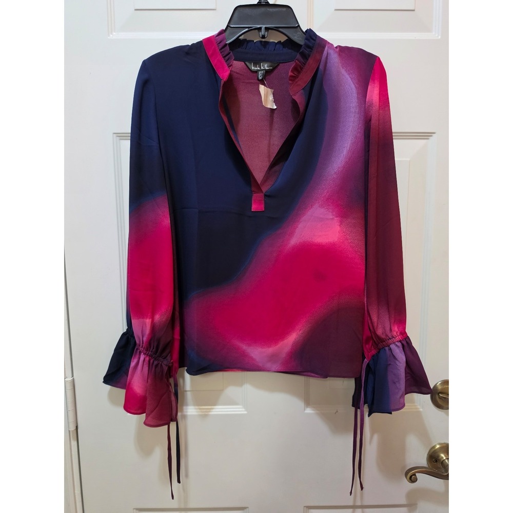 NWT Nicole Miller Abstract Watercolor Ruffle Neck Tie-Cuff Blouse Medium Pink